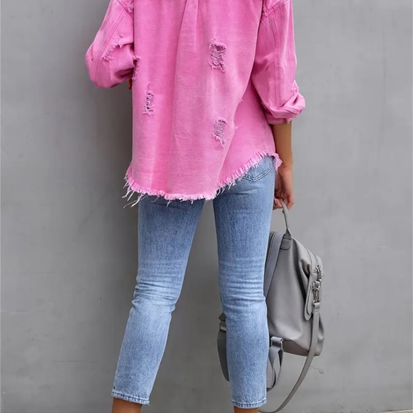 Pink Distressed Button-Up Shirt Shacket - Picture 5 of 5